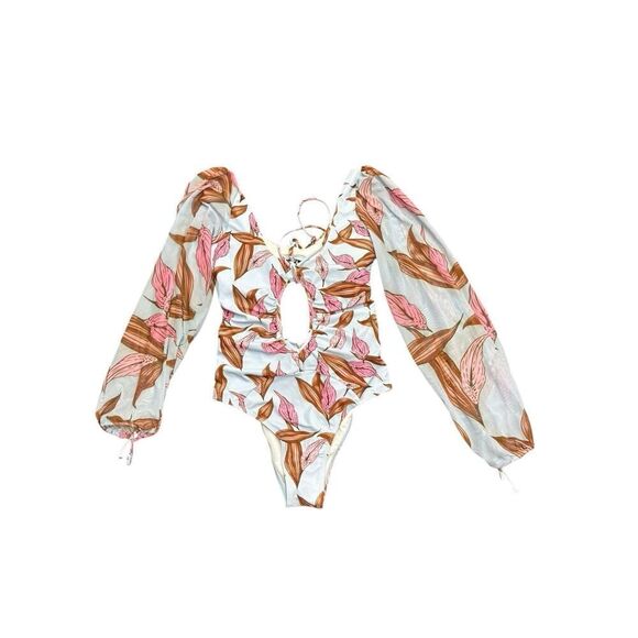 Boho Floral LongβSleeve Cutout Swimsuit Blue Pink One piece β Medium - Picture 11 of 11